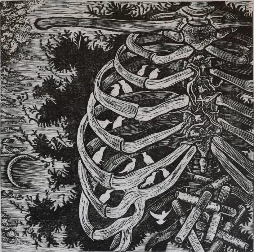 Jyotsana Mandapaka, ‘Even the darkest night will end’, Unknown Year. Woodcut. 12 X 12. Courtesy of the Kala Chaupal Trust.