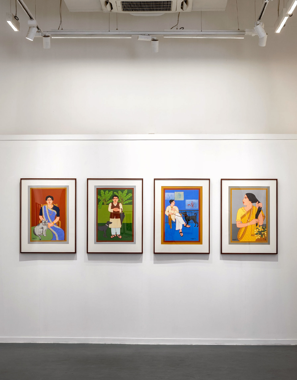 A master of the figurative genre, Shaw's portraits of the Bengali bhadralok use bold colours to tell everyday stories. Installation view of Lalu Prasad Shaw's Early and Recent Paintings at Bikaner House. Courtesy of Gallery Art Exposure