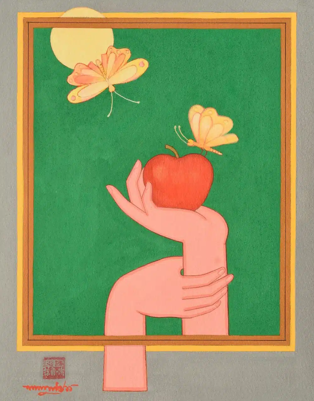 Deeply inspired by his surroundings, the influence of Kalighat and pat paintings shines through Lalu Prasad Shaw's works. Untitled, Tempera on Board, courtesy of the artist and Gallery Art Exposure