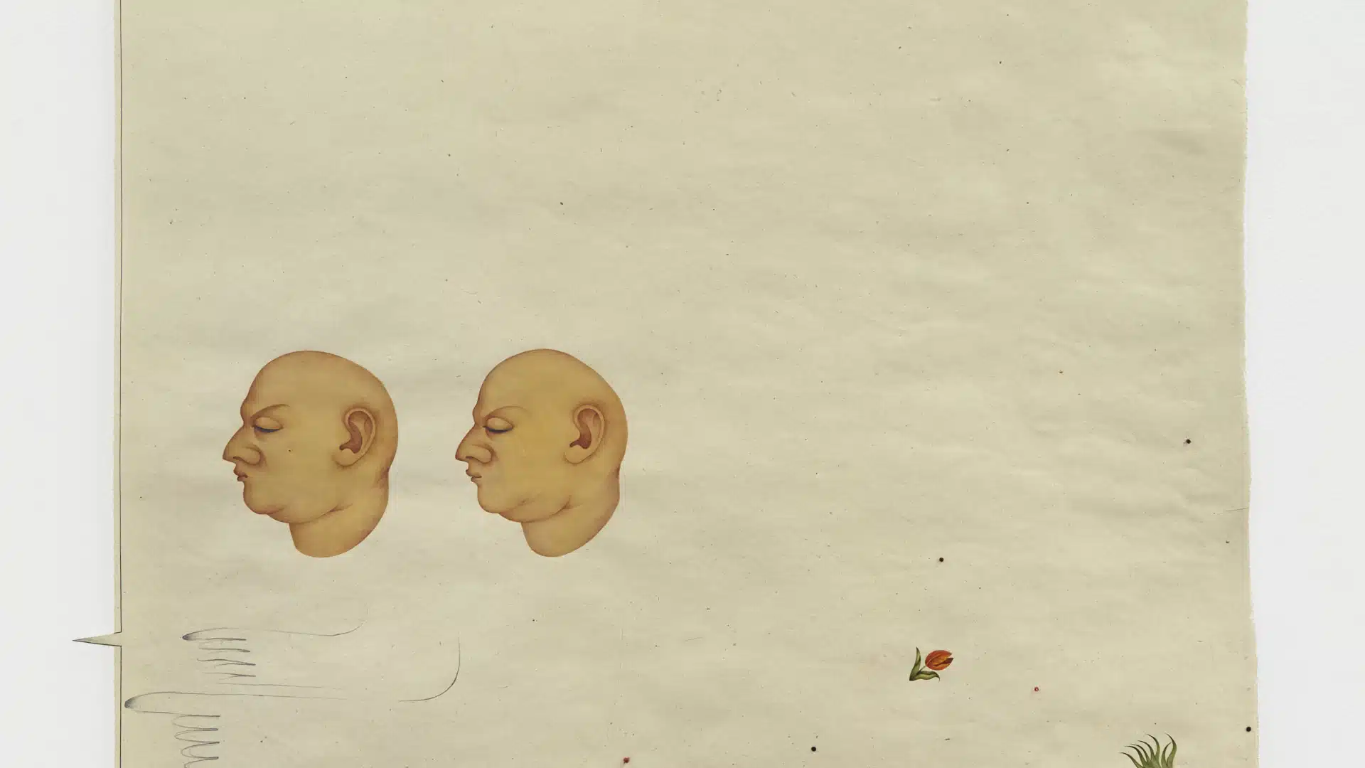 Laila Tara H. Show Me Your Knife (I’ll Show You The Exit), 2022. Natural pigment, pencil, watercolour, glass beads, thread, 23k gold leaf, on handmade hemp paper. 94 x 70 cm _ 38 x 28 in. Courtesy the artist and Galerie Isa.