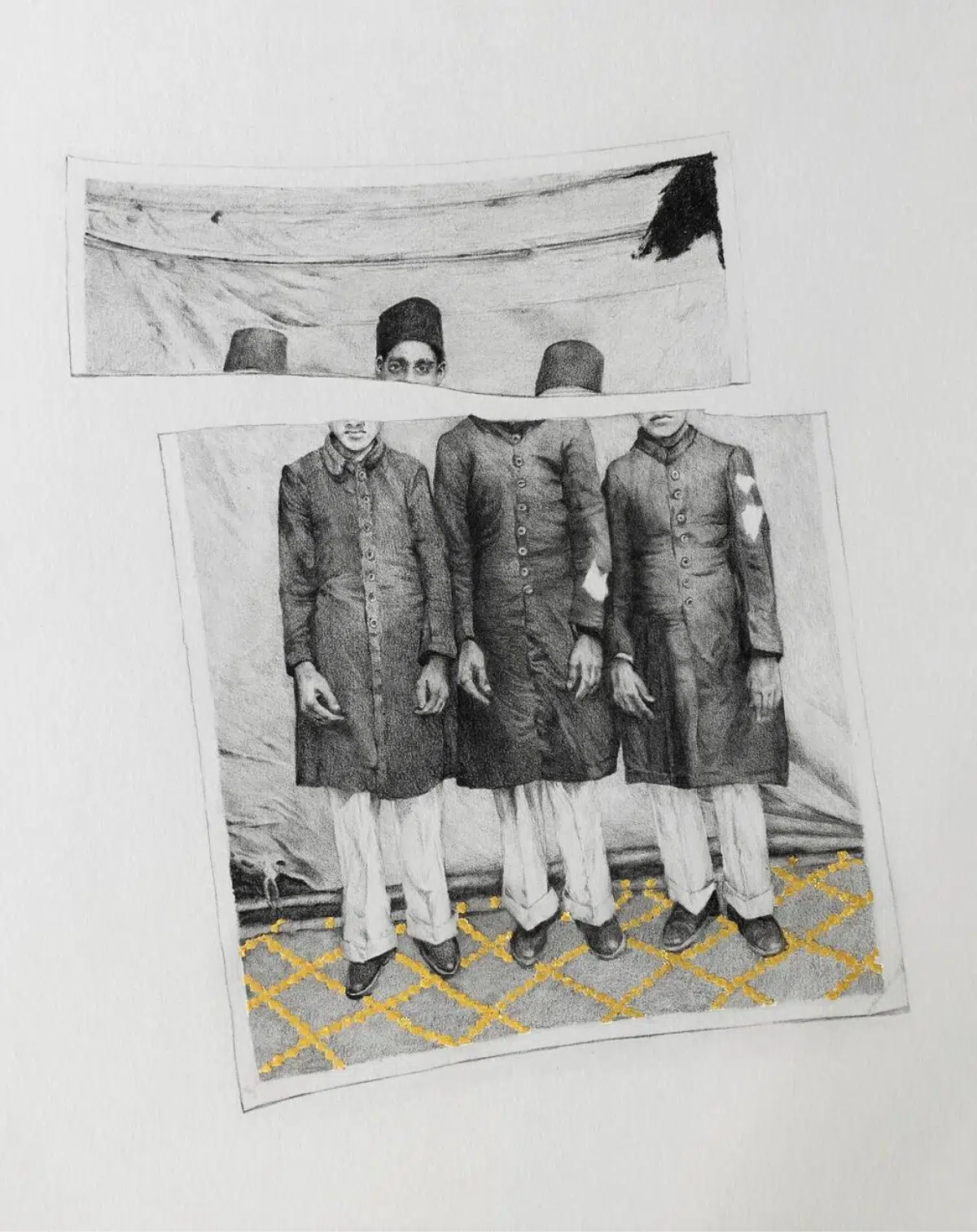 Faiza Hasan. 27 February, 2020 - Kaagaz, 2021. Charcoal and gold leaf on paper. Courtesy of GallerySKE.